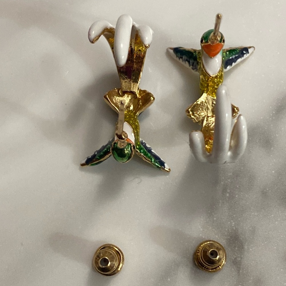 Incredible hummingbird sterling silver gold plated enamelled hoop earrings
